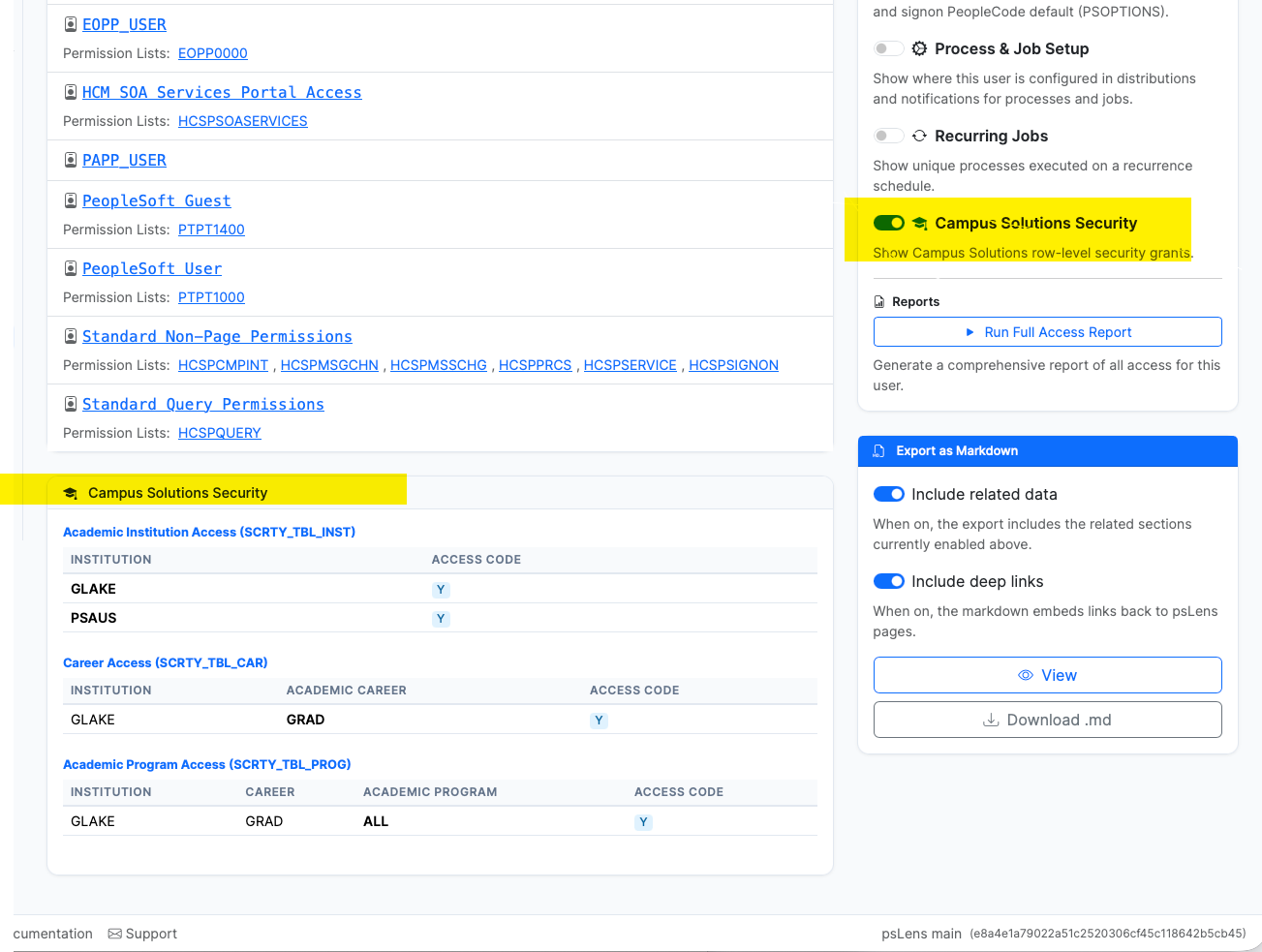 Campus Solutions Security panel on User detail page showing Academic Institution, Career, and Program access