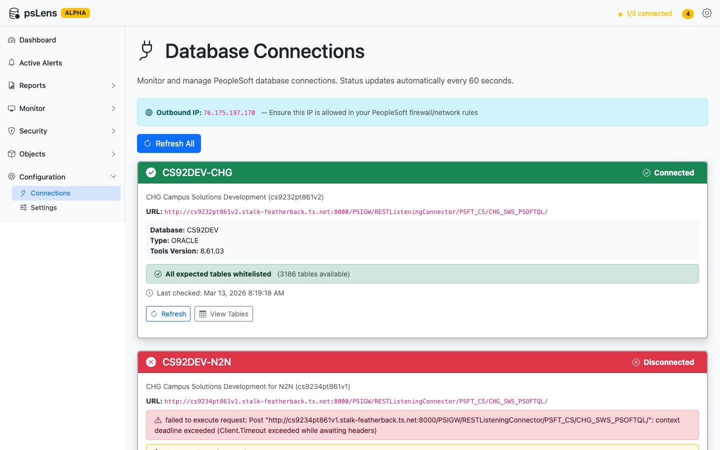 Database connections page showing connected and disconnected databases with diagnostics