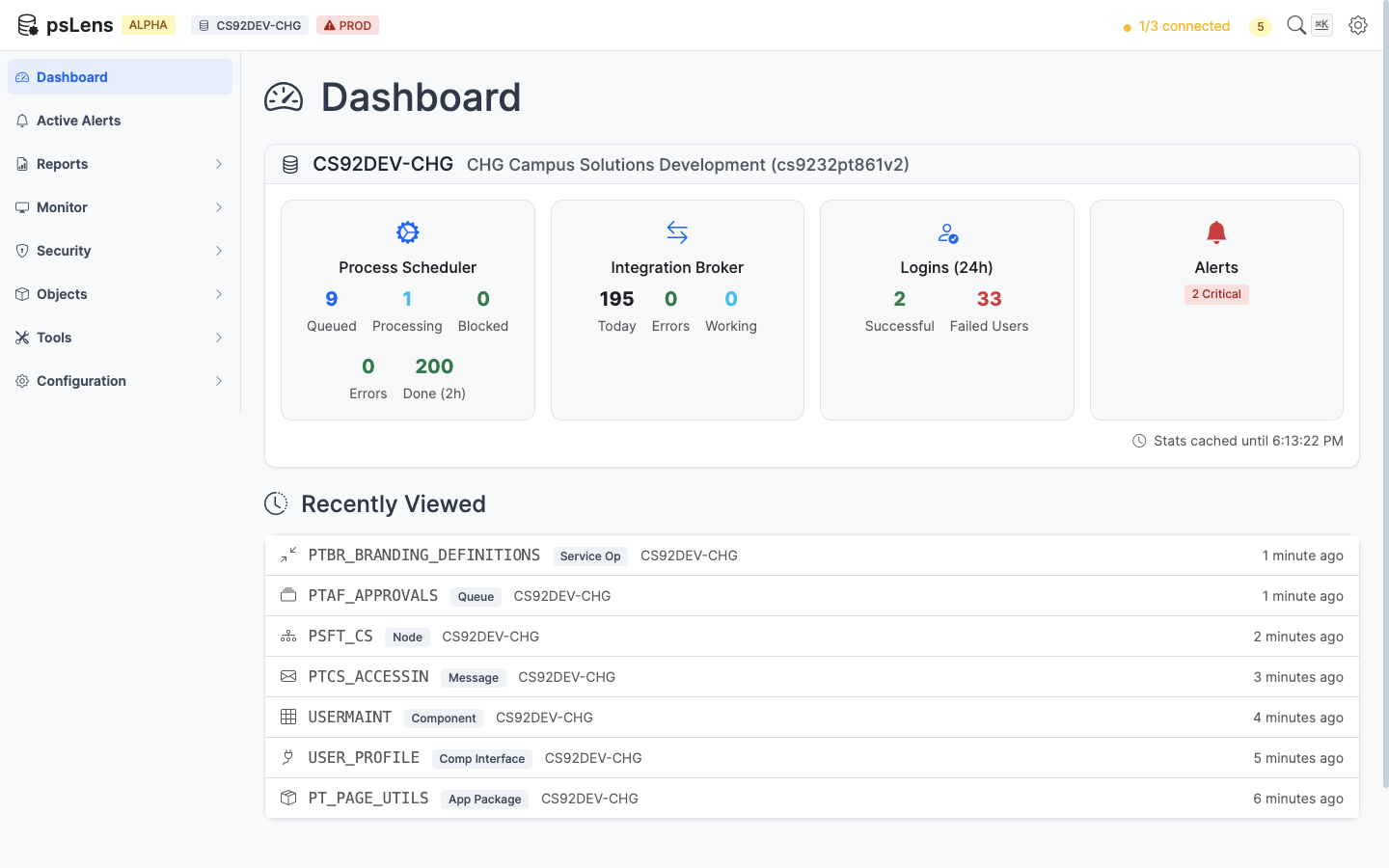 psLens Dashboard showing active alerts and database status