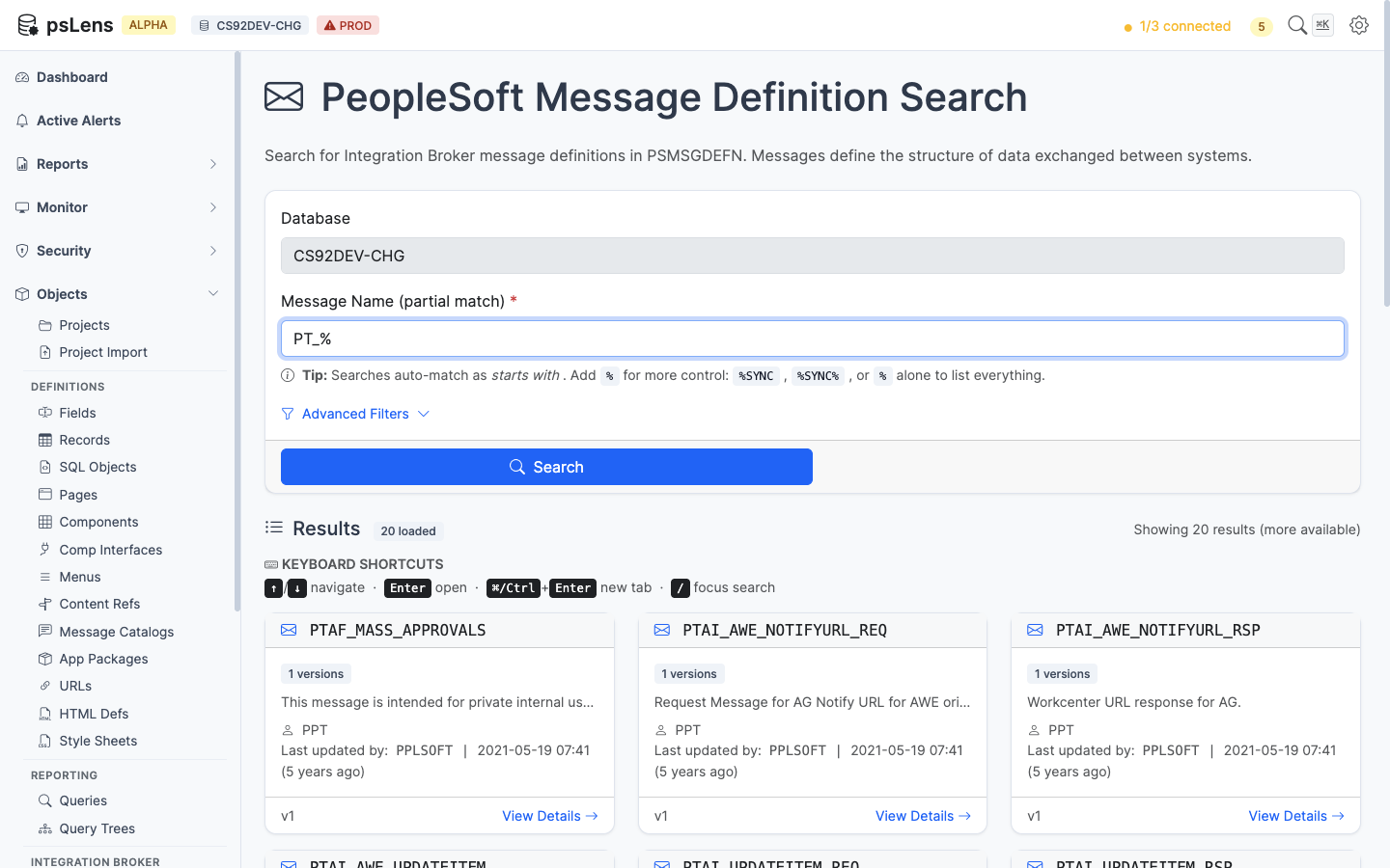 Message search results for PT_% showing PTAF_MASS_APPROVALS, PTAI_AWE_NOTIFYURL_REQ, and others
