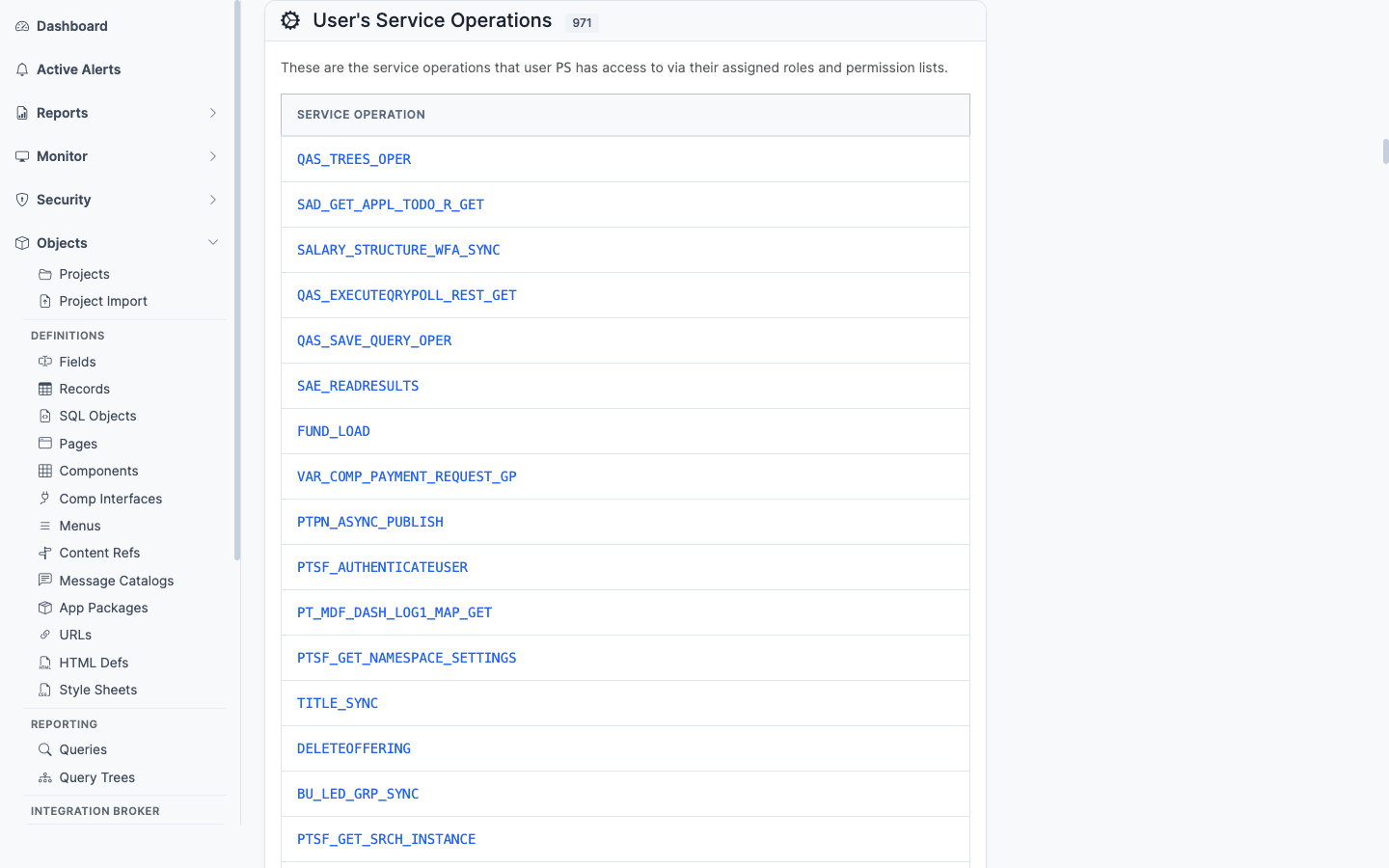 User's Service Operations panel