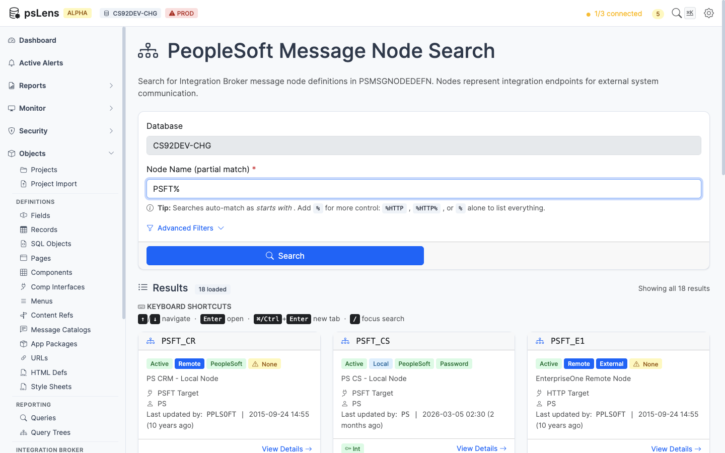 Node search results for PSFT% showing PSFT_CR, PSFT_CS, PSFT_E1, and other delivered nodes