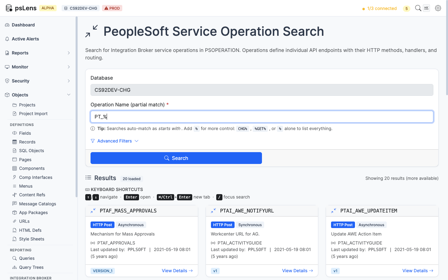 Service Operation search results for PT_% showing PTAF_MASS_APPROVALS, PTAI_AWE_NOTIFYURL, and others