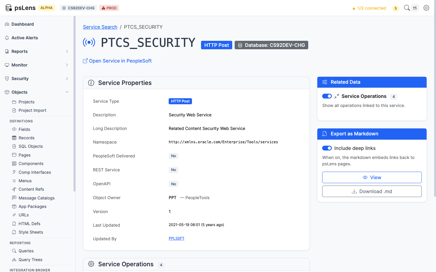 Detail page for PTCS_SECURITY service