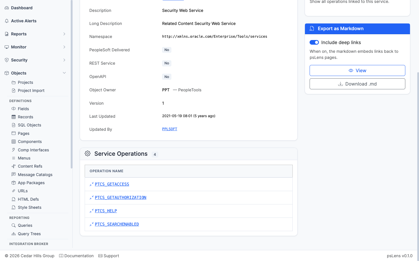 Service Operations panel listing the operations contained in the service