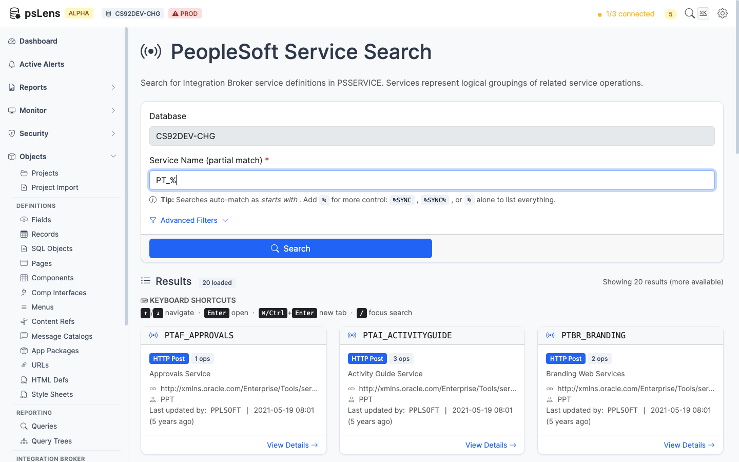 Service search results for PT_% showing PTAF_APPROVALS, PTAI_ACTIVITYGUIDE, and others