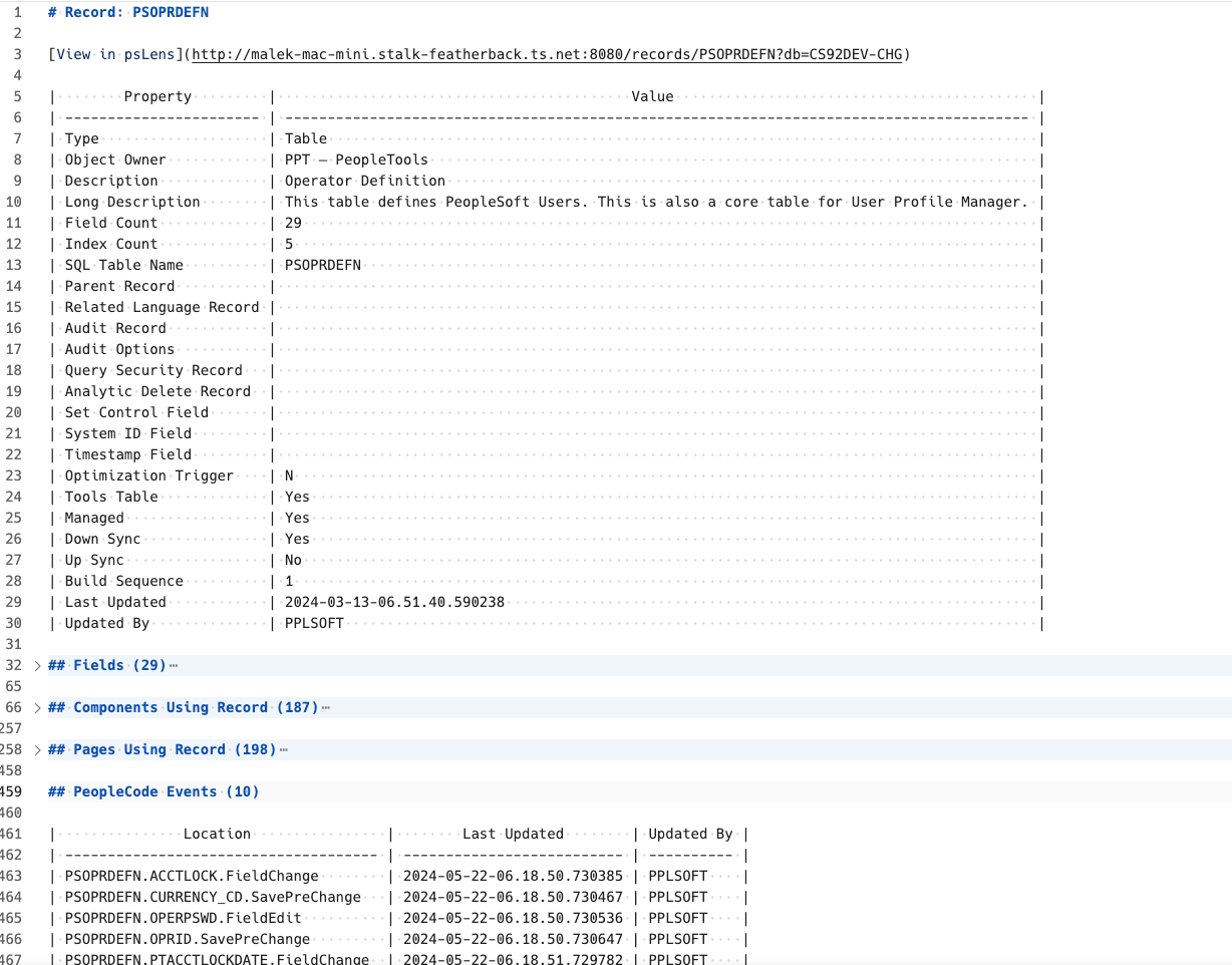 Example of a psLens markdown export for a PeopleSoft object