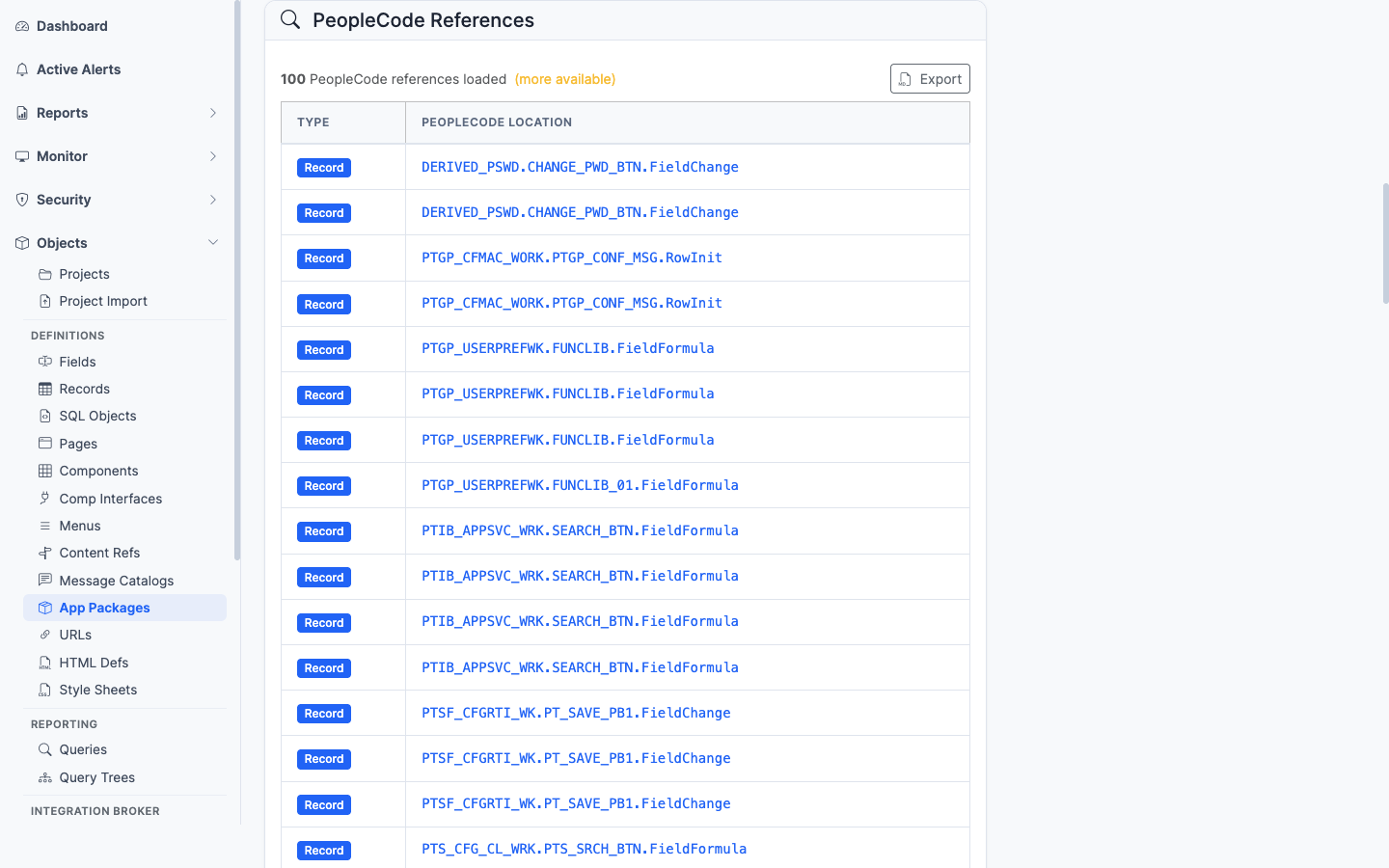 PeopleCode References panel for the app package