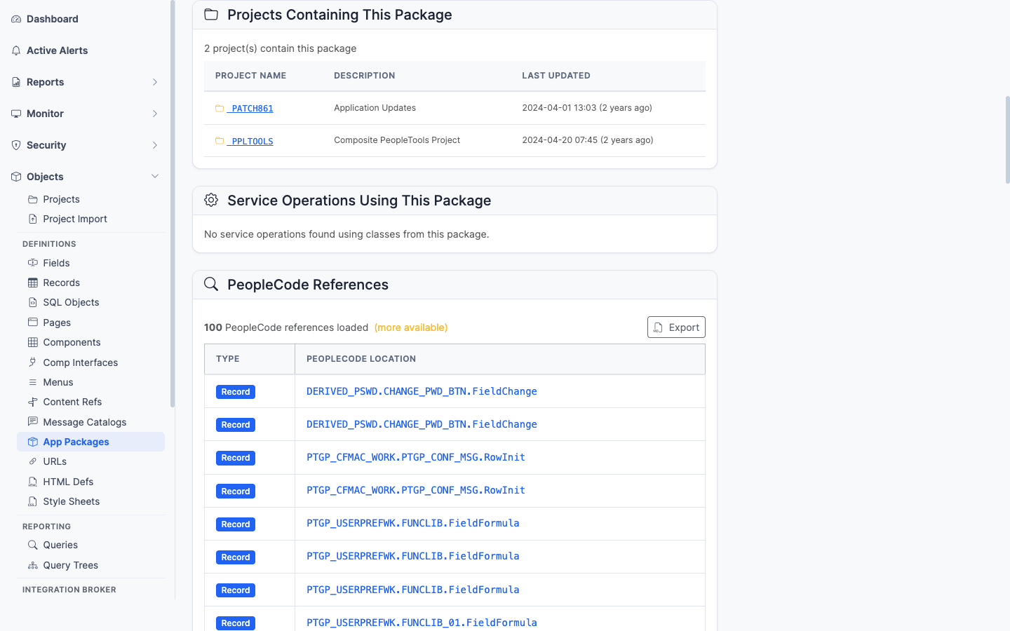 Projects Containing This Package panel