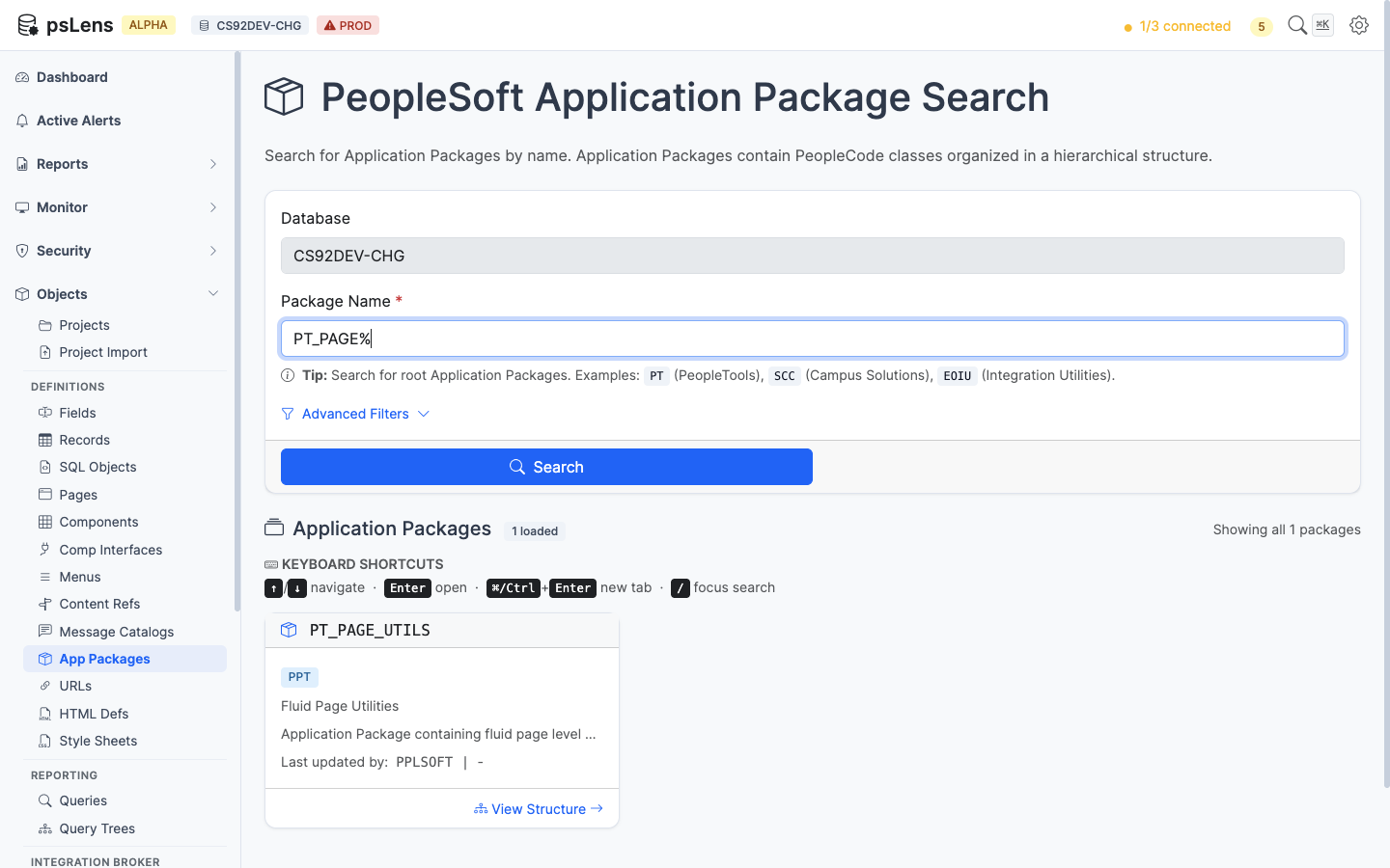 App Package search results for PT_PAGE% showing PT_PAGE_UTILS