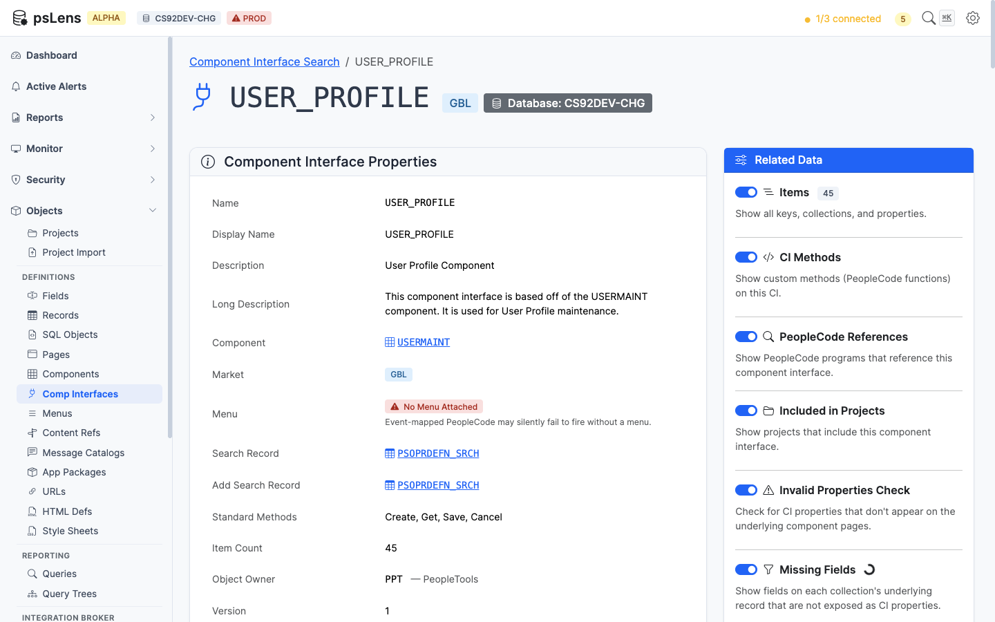 Detail page for USER_PROFILE CI showing properties and items list
