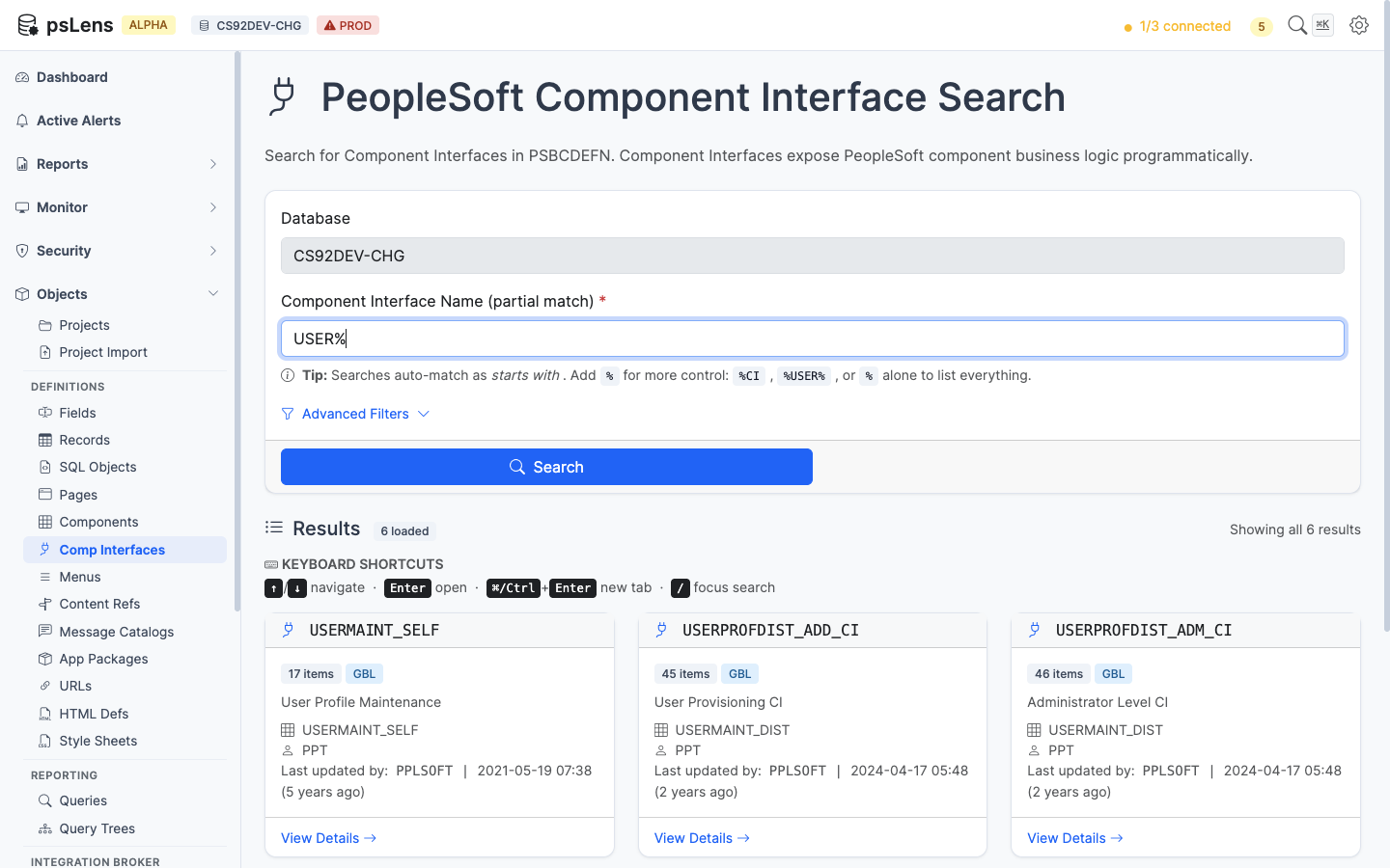Component Interface search results for USER% showing USERMAINT_SELF, USER_PROFILE and related CIs