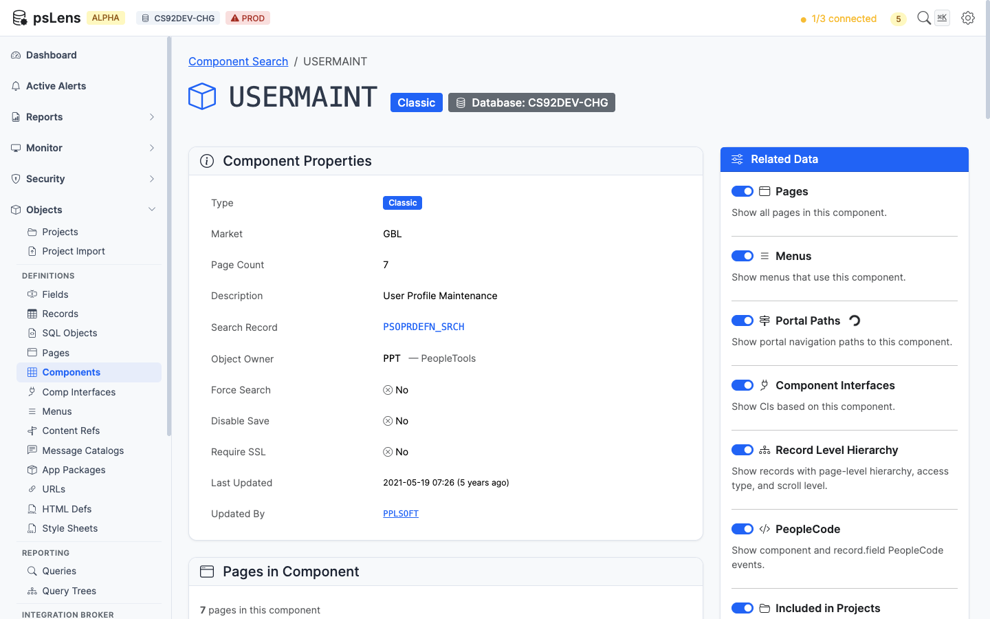 Detail page for USERMAINT showing component properties and item list