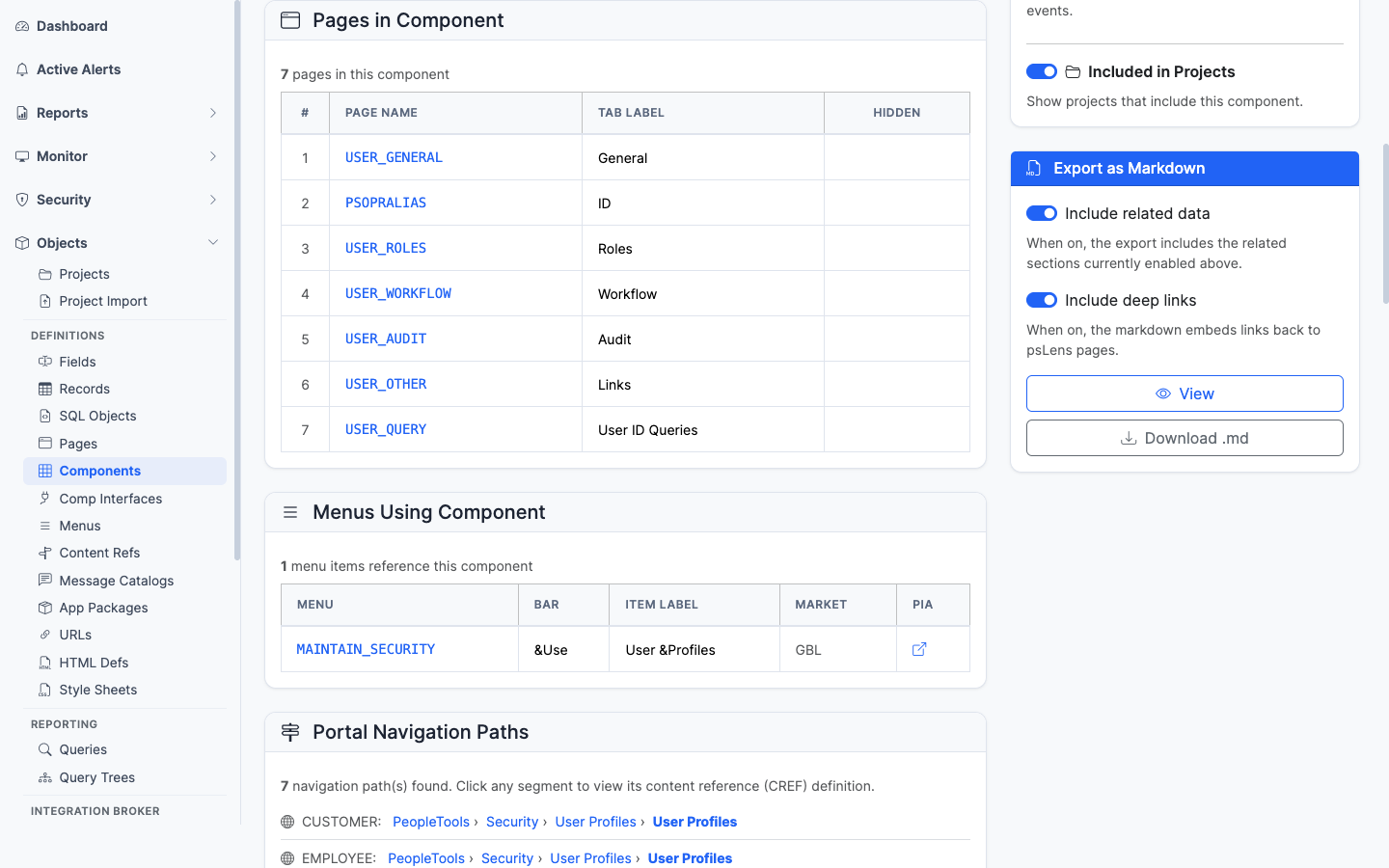 Pages in Component panel for USERMAINT