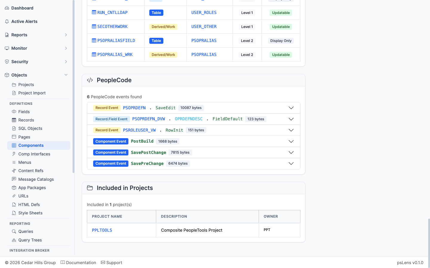 Included in Projects panel for the component