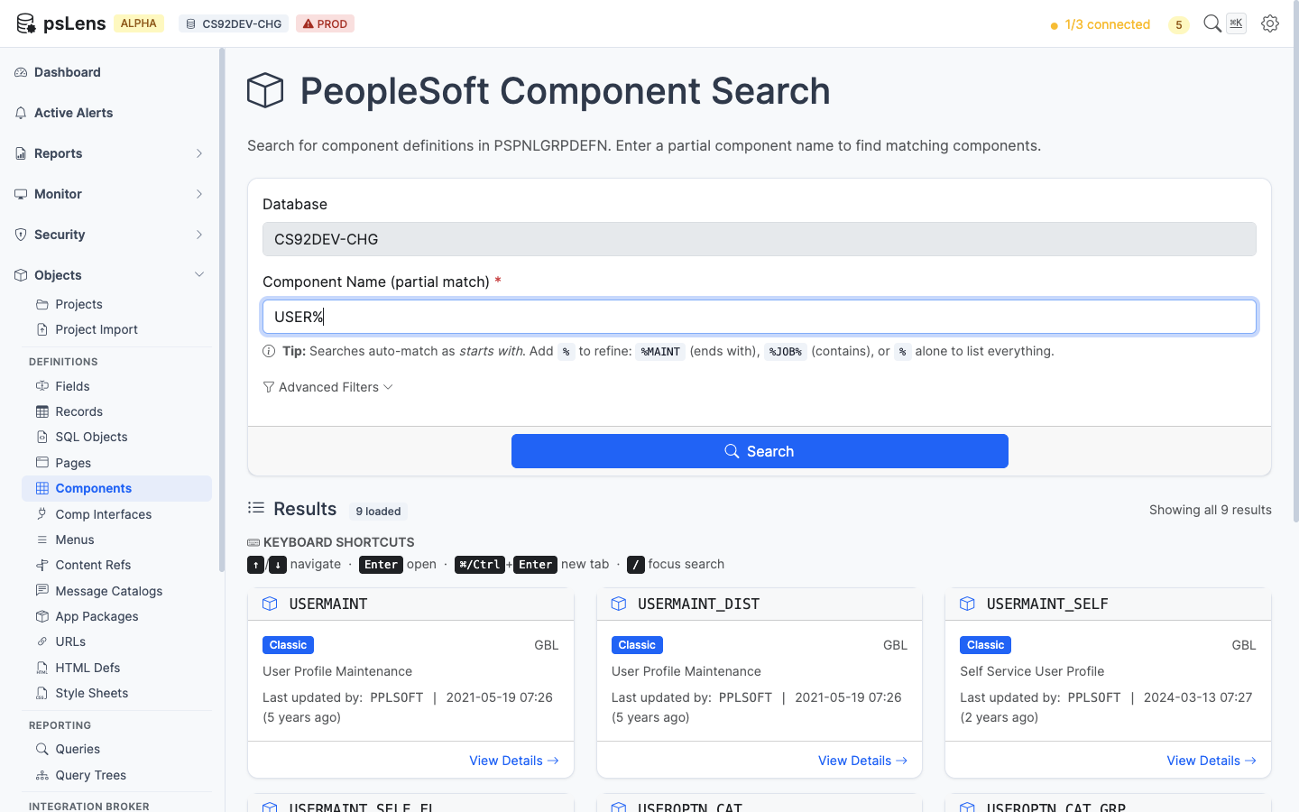 Component search results for USER% showing USERMAINT, USERMAINT_SELF, USEROPTN_CAT and others
