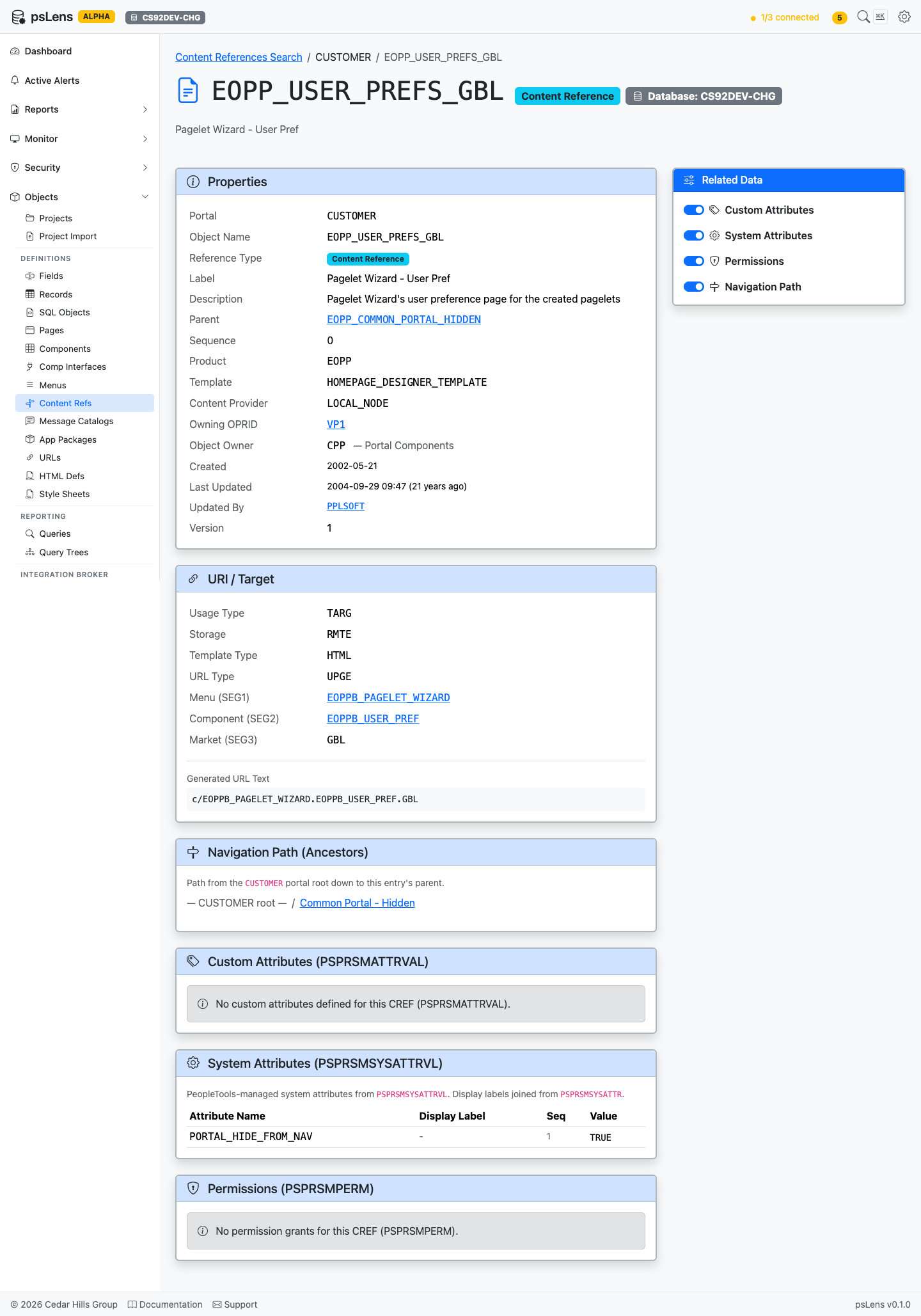 CREF detail page with all panels expanded