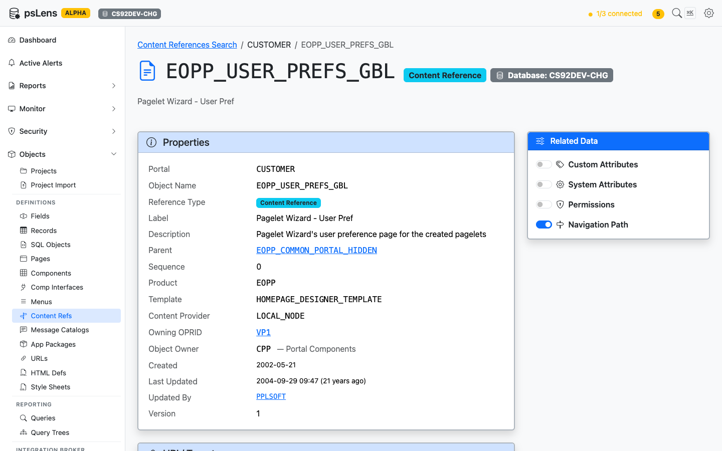 Detail page for EOPP_USER_PREFS_GBL CREF showing properties and URI target
