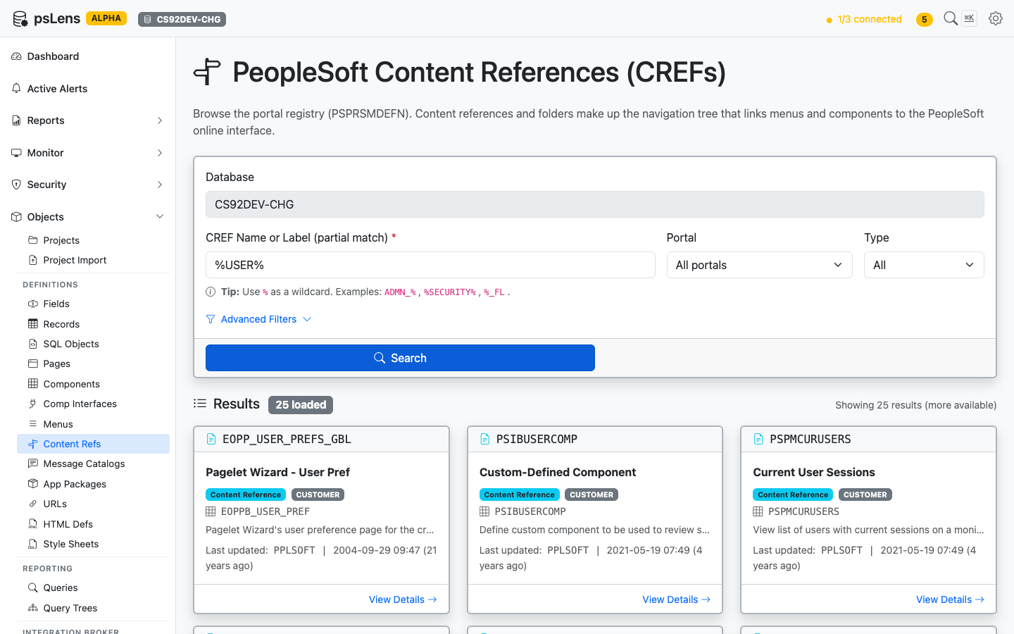 CREF search results for %USER% showing CREFs across CUSTOMER and EMPLOYEE portals
