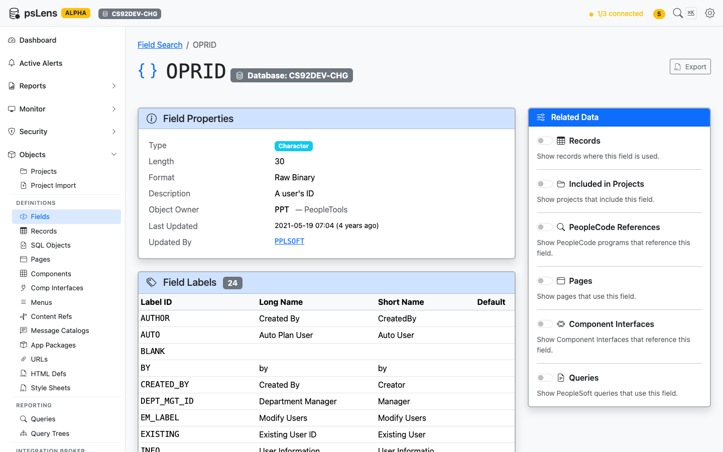 Detail page for the OPRID field showing properties, field labels, and the Related Data sidebar