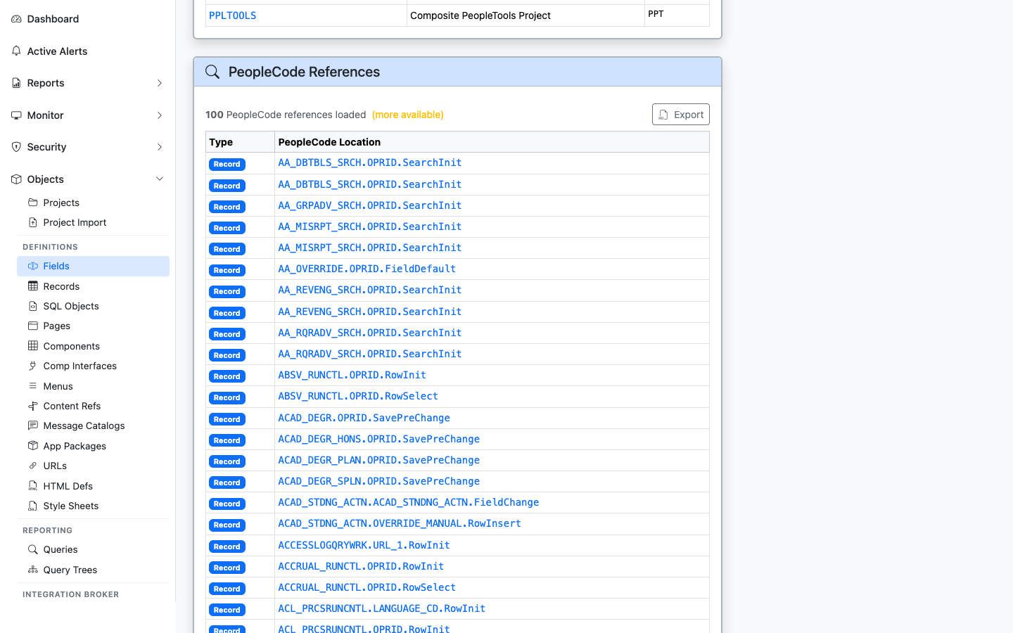 PeopleCode References panel showing PeopleCode programs that reference OPRID