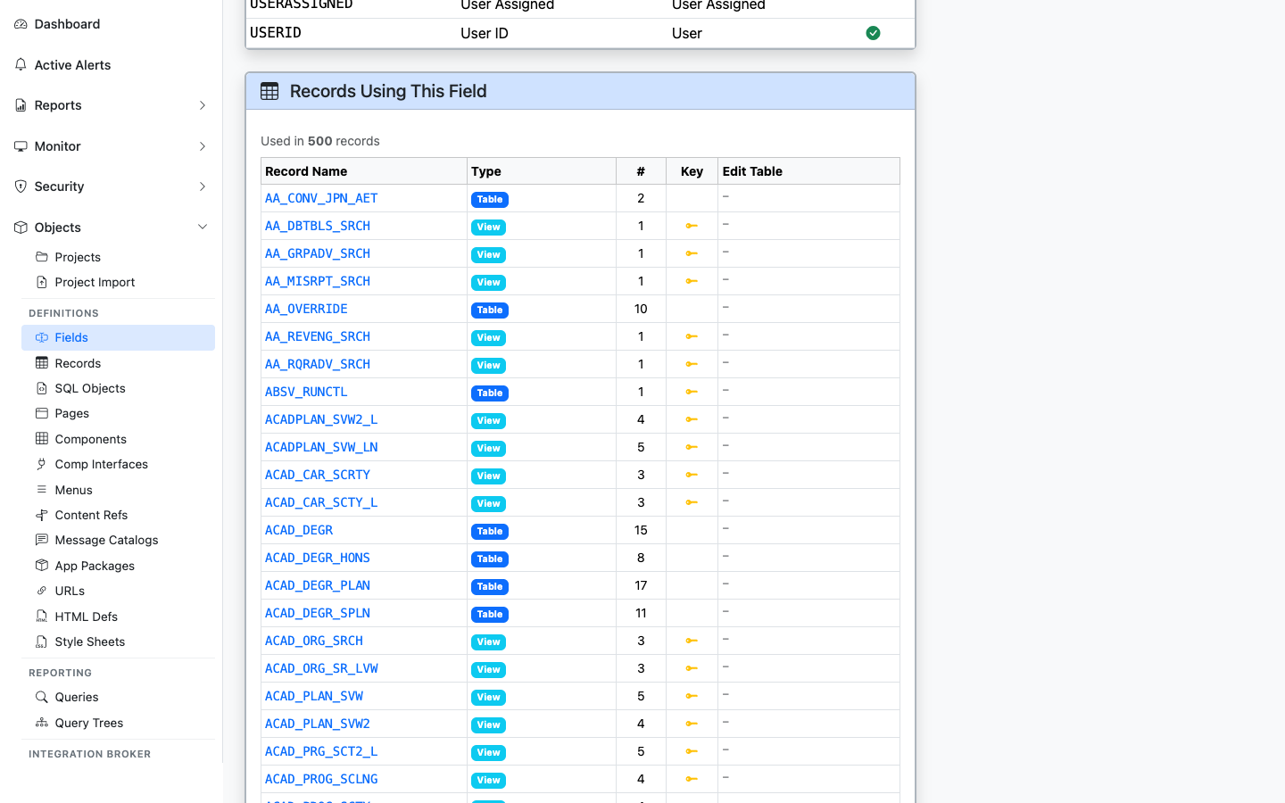 Records Using This Field panel showing 500 records that contain OPRID