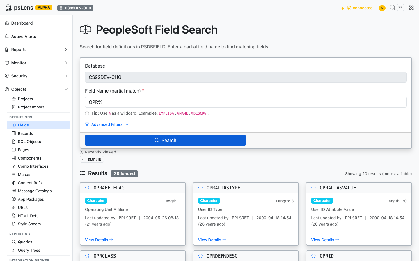 Field search results showing OPRAFF_FLAG, OPRALIASTYPE, and other fields matching OPR%
