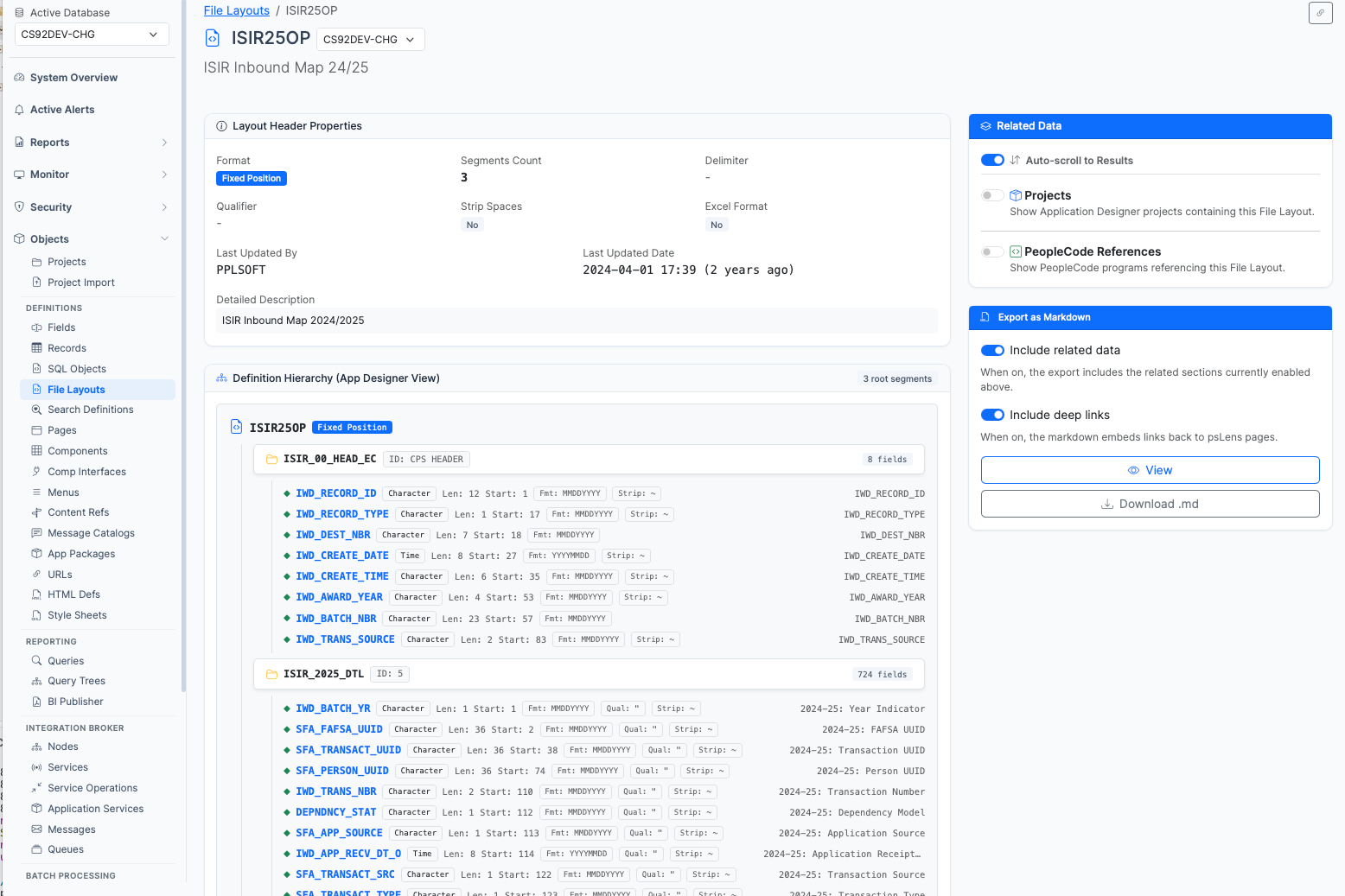 File Layout detail page for ISIR25OP showing layout properties, segment hierarchy, and field attributes