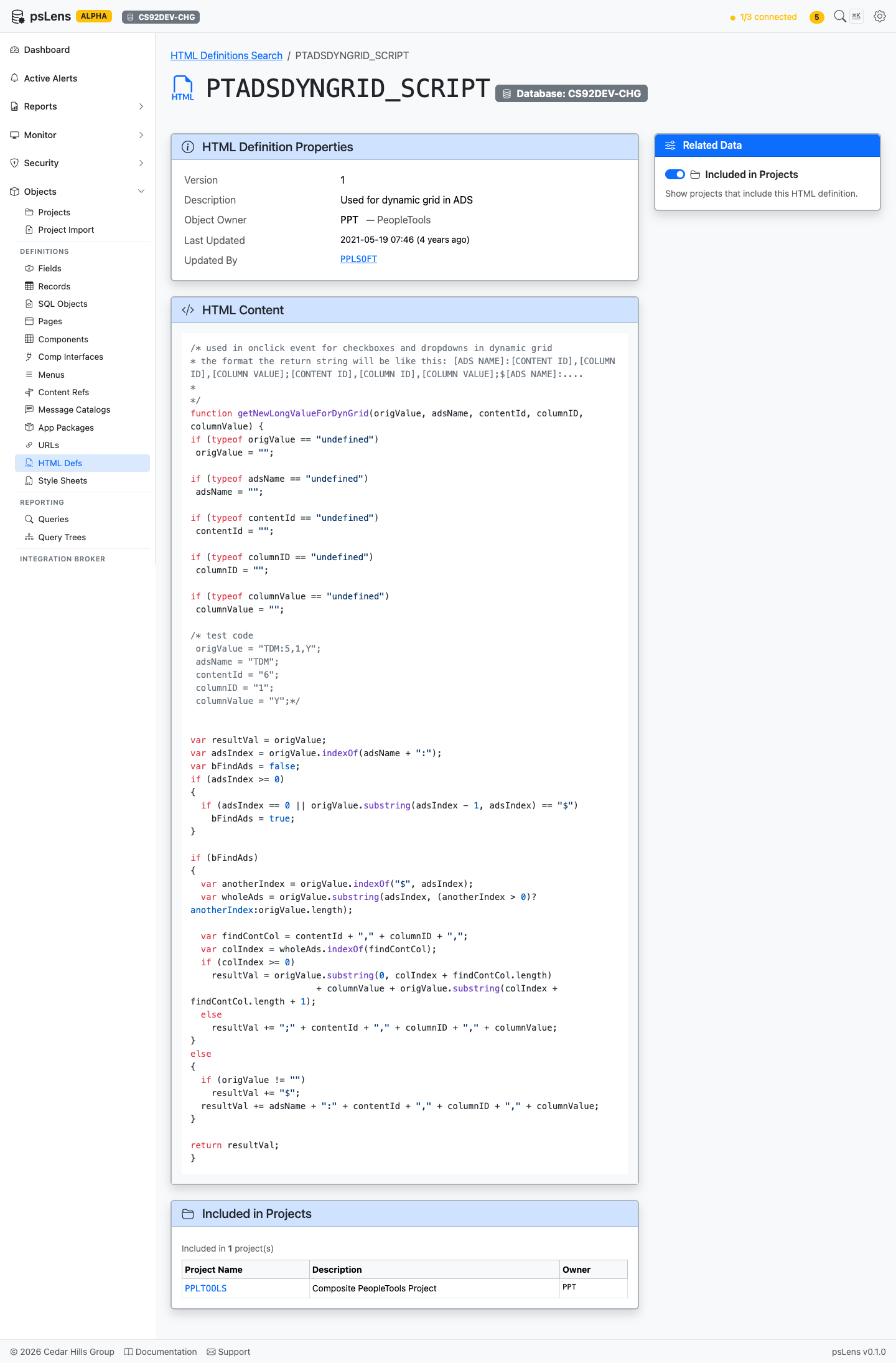 HTML Definition detail with all panels expanded