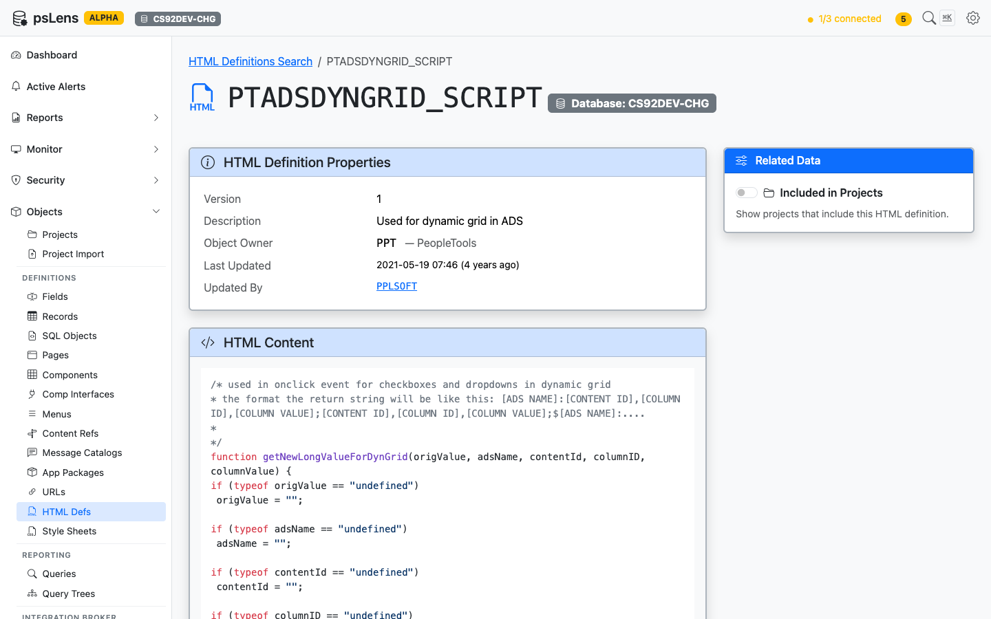 Detail page for PTADSDYNGRID_SCRIPT HTML definition