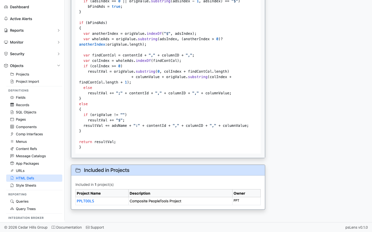 Included in Projects panel for the HTML definition