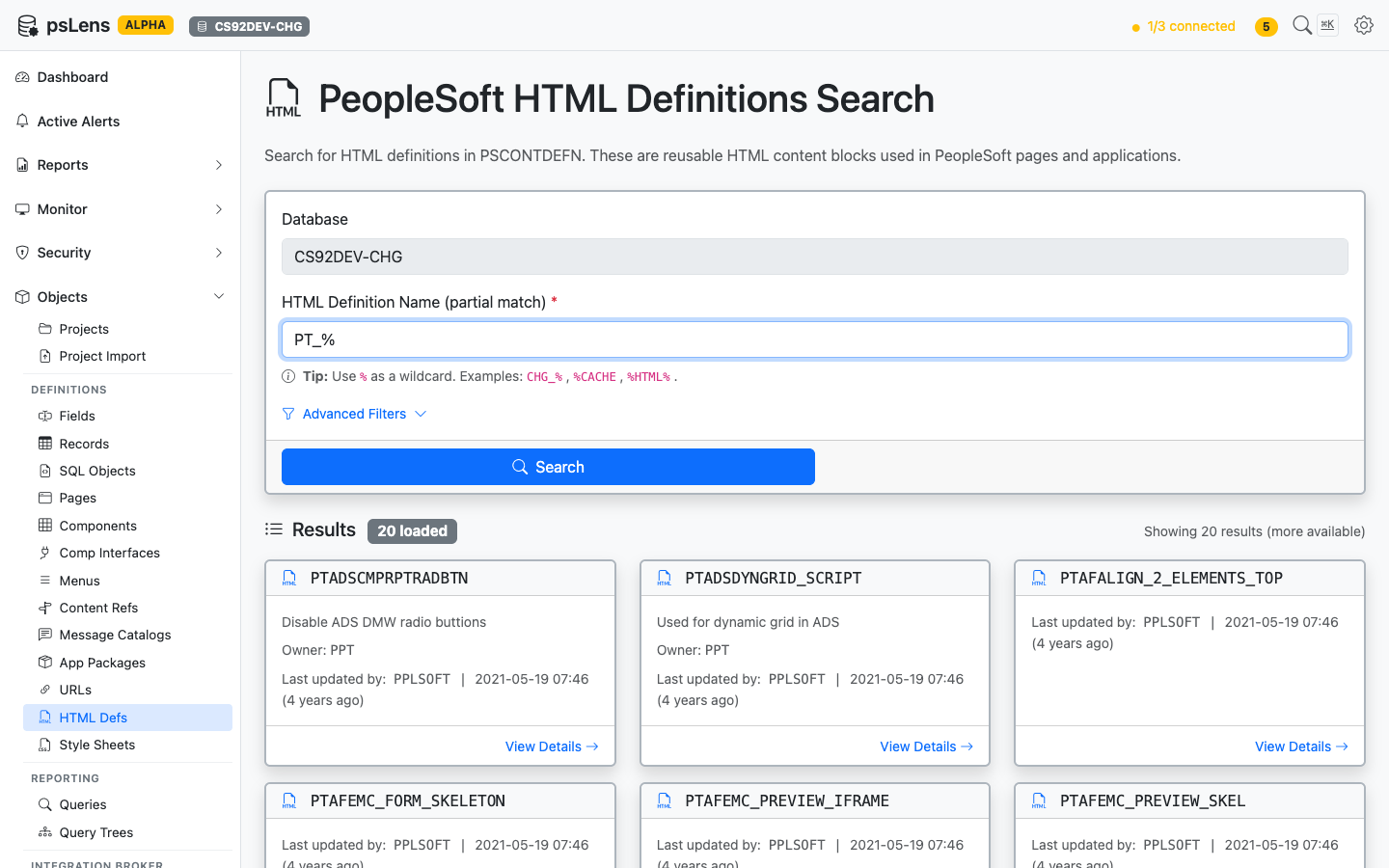HTML Definition search results for PT_% showing PTADSCMPRPTRADBTN, PTADSDYNGRID_SCRIPT, and others