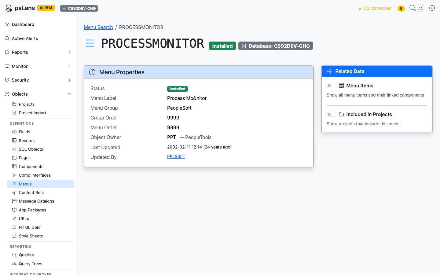 Detail page for PROCESSMONITOR menu