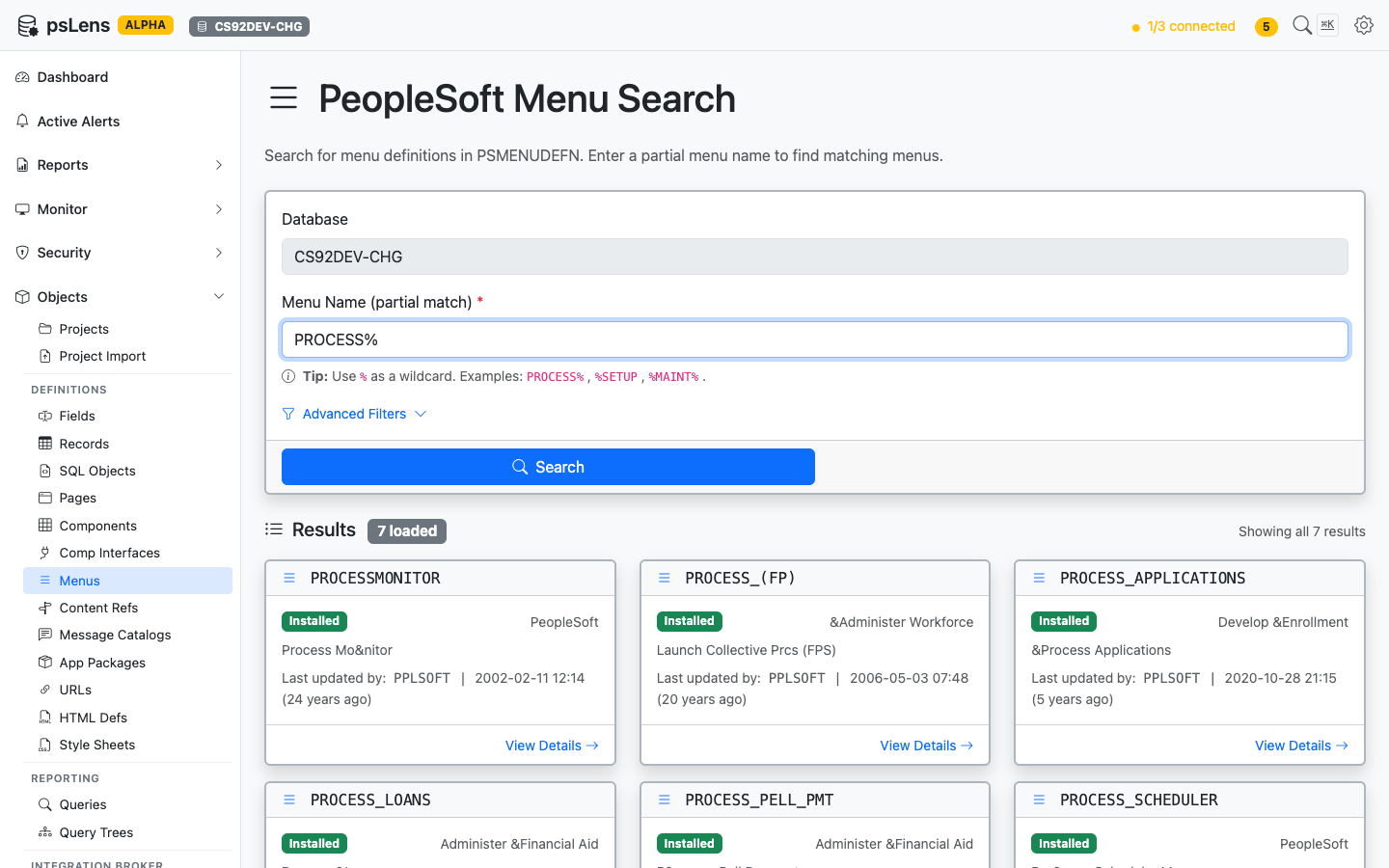 Menu search results for PROCESS% showing PROCESSMONITOR, PROCESS_SCHEDULER, and others