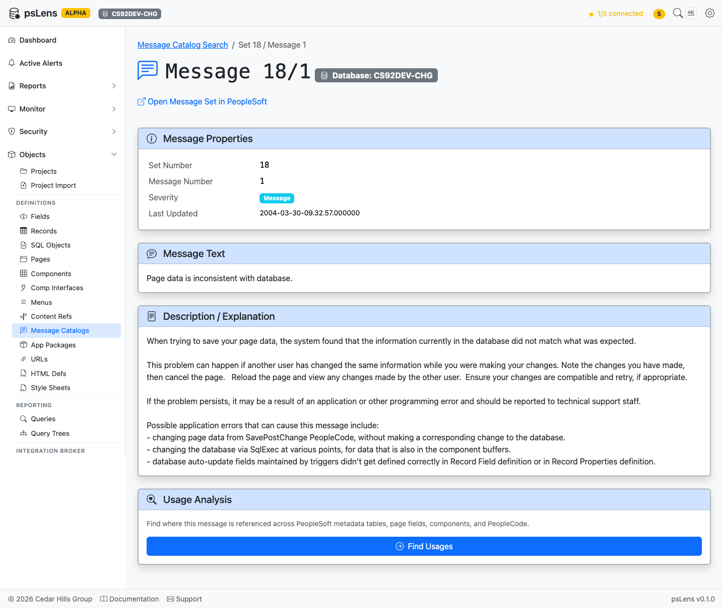 Full message detail page including usage analysis