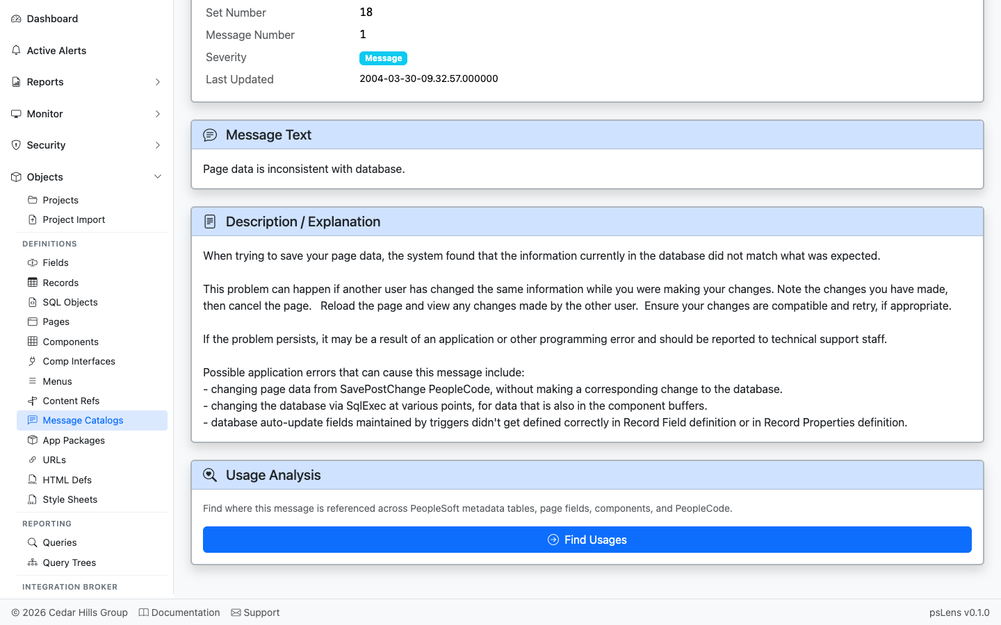 Usage Analysis panel for the message
