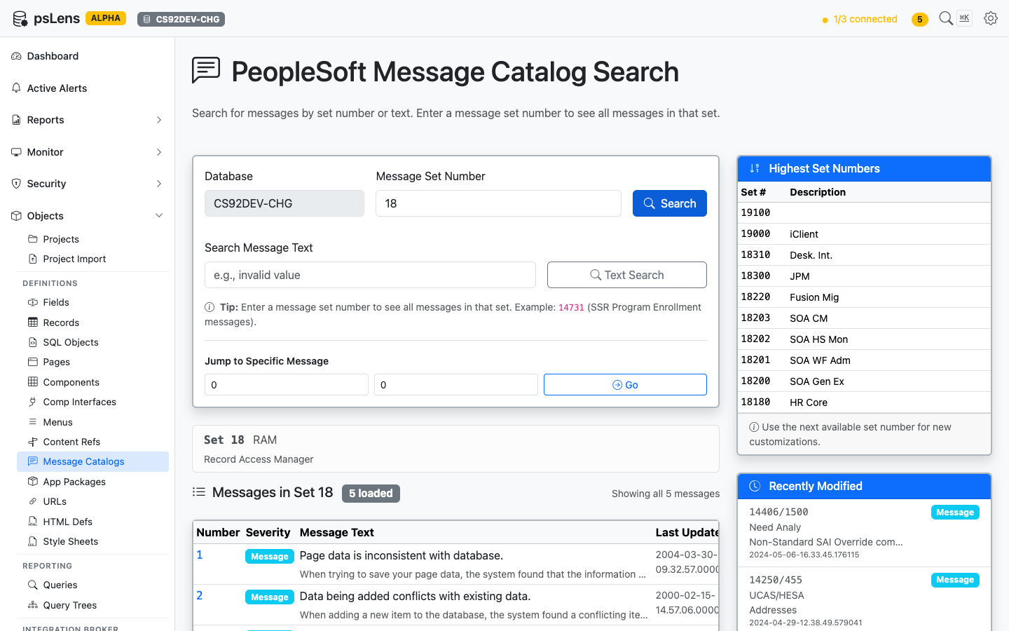 Message Catalog search for set 18 showing messages in the set