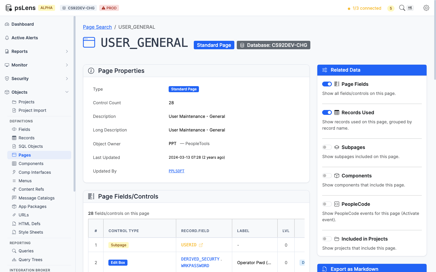 Detail page for USERPROFILEPAGE showing page properties and field controls