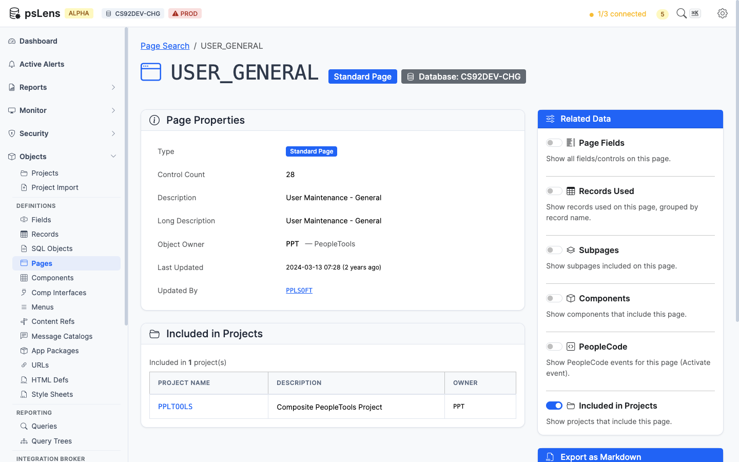 Included in Projects panel for the page