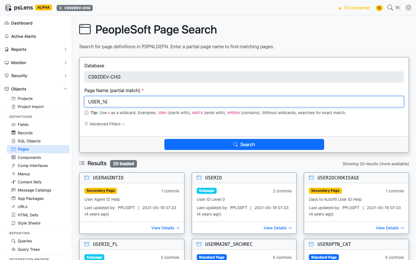 Page search results for USER_% showing USERAGENTID, USERID, USERMAINT_SRCHREC, USERPROFILEPAGE and others