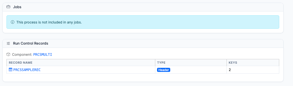 Run Control Records panel showing component mapping, record name, type, and key count