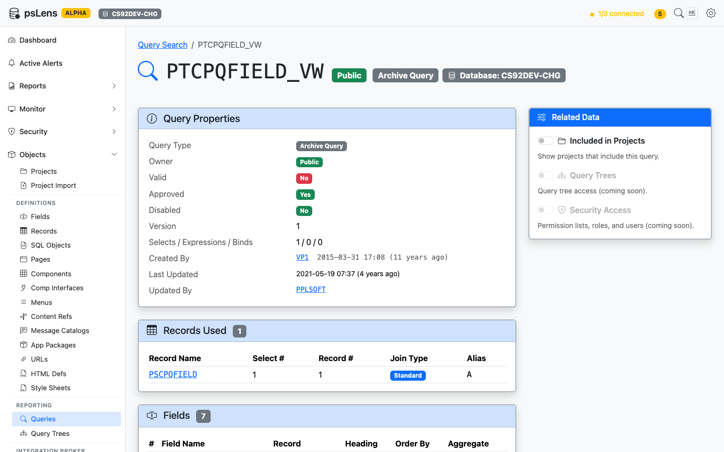 Detail page for PTCPQFIELD_VW query