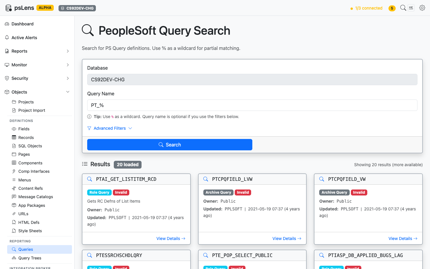 Query search results for PT_% showing PTAI_GET_LISTITEM_RCD, PTCPQFIELD_VW, and others