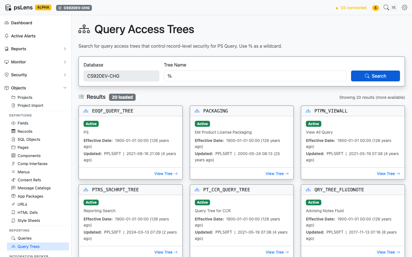 Query Tree search results showing EOQF_QUERY_TREE, PACKAGING, PTPN_VIEWALL and others
