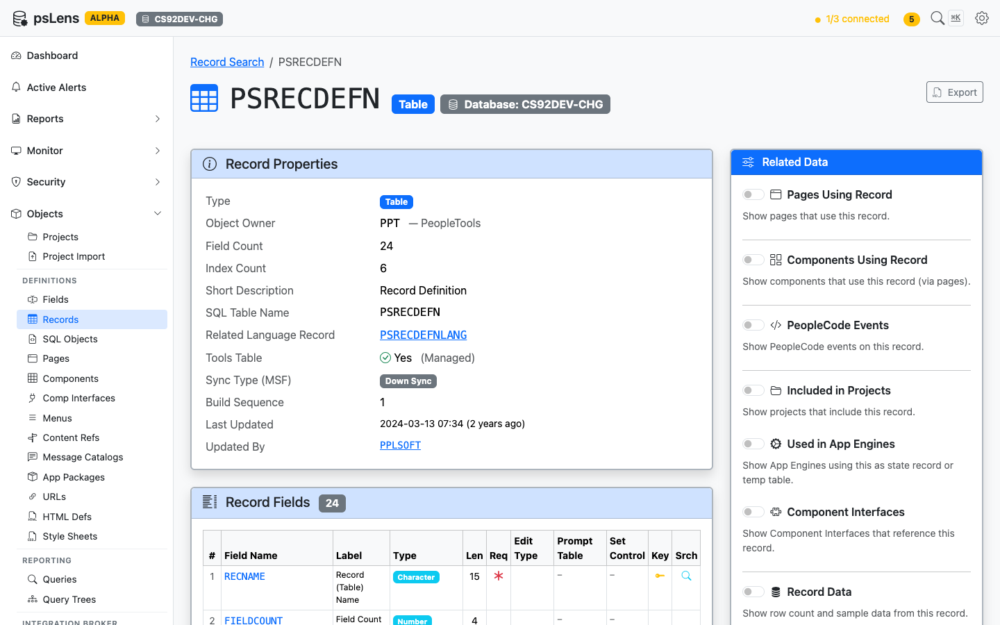 Detail page for PSRECDEFN showing record properties and the field list