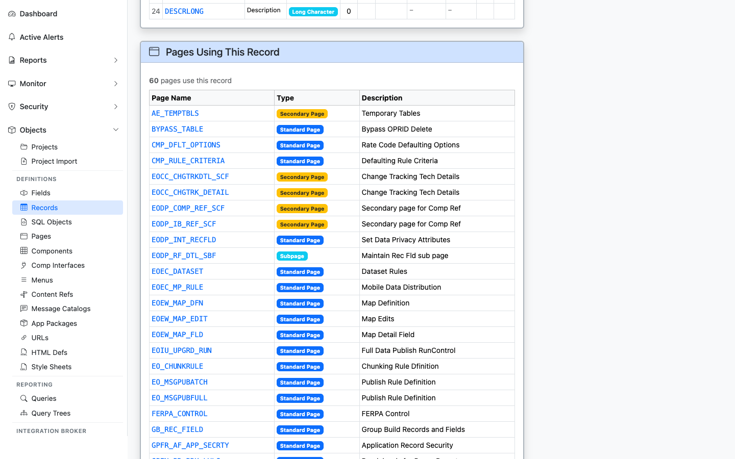 Pages Using This Record panel listing pages that bind to PSRECDEFN