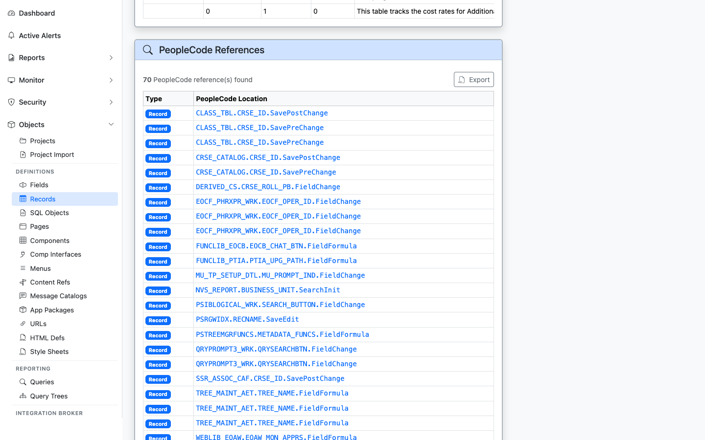 PeopleCode References panel for PSRECDEFN