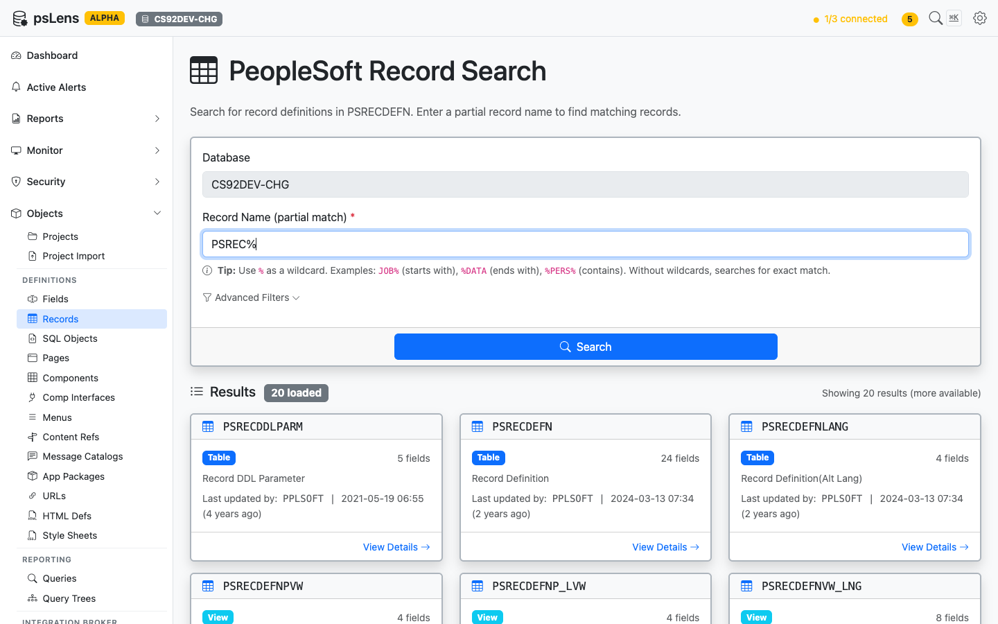 Record search results for PSREC% showing PSRECDDLPARM, PSRECDEFN, and related records