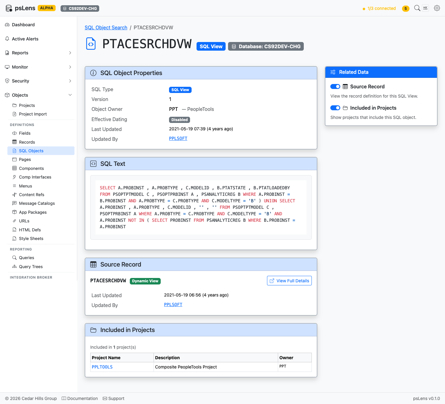 SQL Object detail page with all panels expanded
