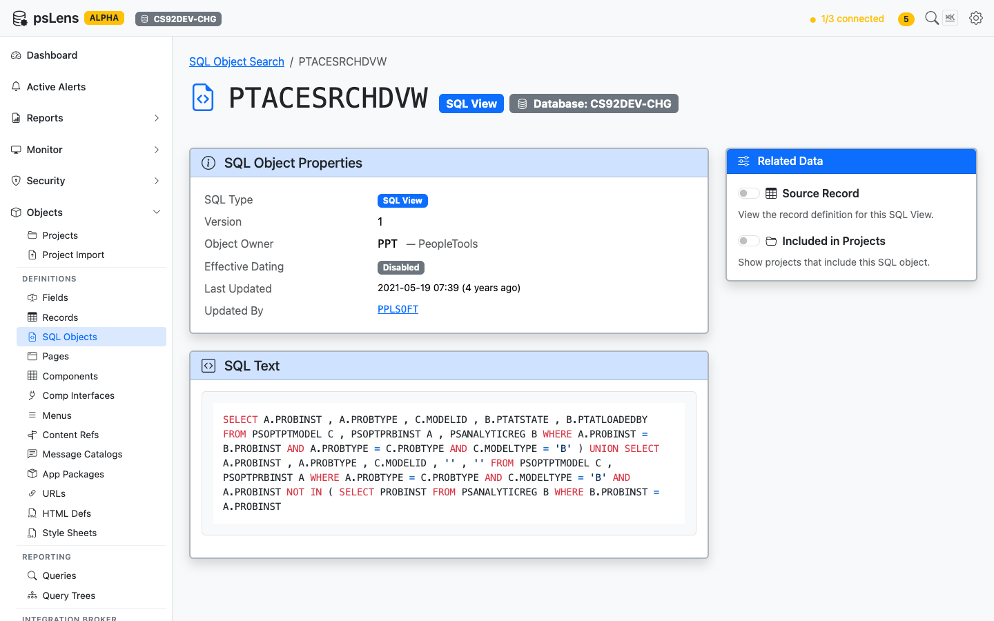 Detail page for PTACESRCHDVW showing the SQL view properties and full source SQL